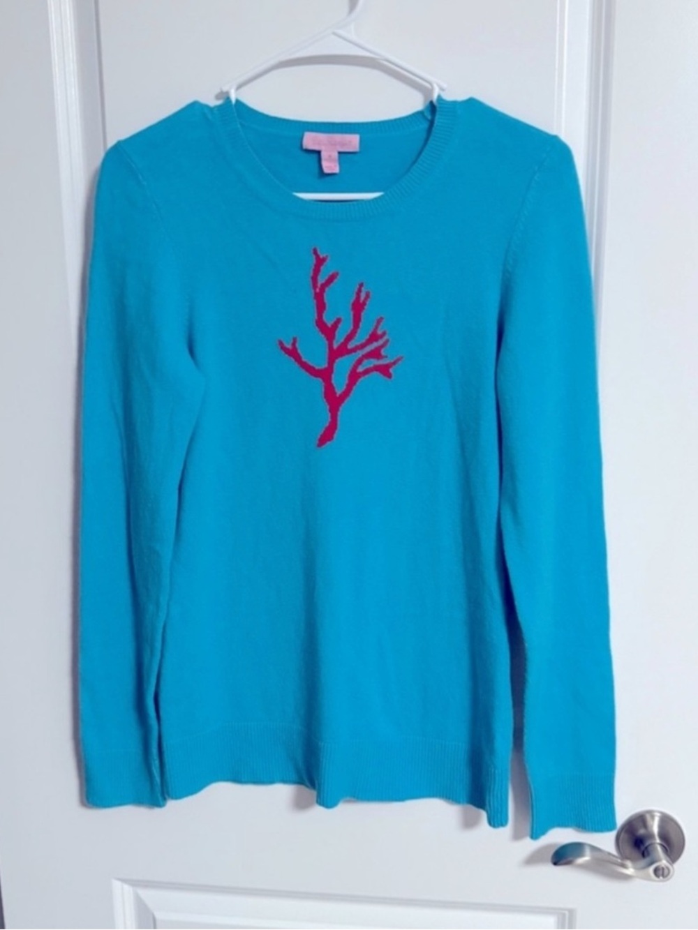 Lilly Pulitzer Aqua Cashmere Sweater with Coral Motif